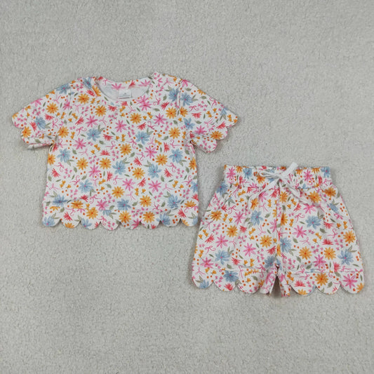 Sibling Baby Girls Kids Short Sleeves Flower Scallop Shirts Shorts Summer Sets Clothes