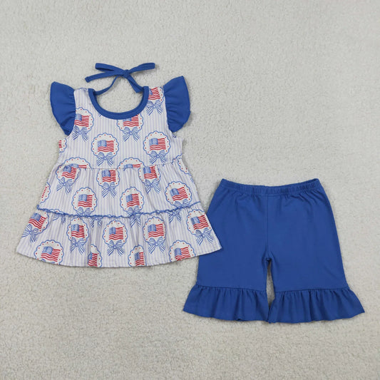 Sibling Baby Girls Kids Bows Flags Tops Blue Shorts Set Romper 4th of July Clothes