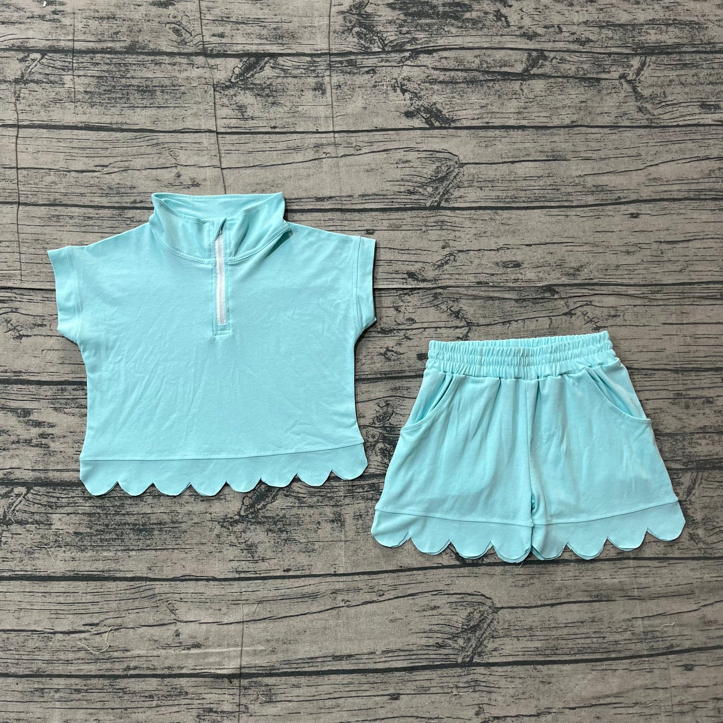 Preorder Baby Girls Kids Short Sleeves Zipper Shirt Scallop Shorts Blue Green Set