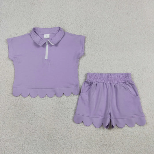 Sibling Baby Girls Kids Short Sleeves Zipper Shirts Scallop Shorts Cotton Sets Clothes