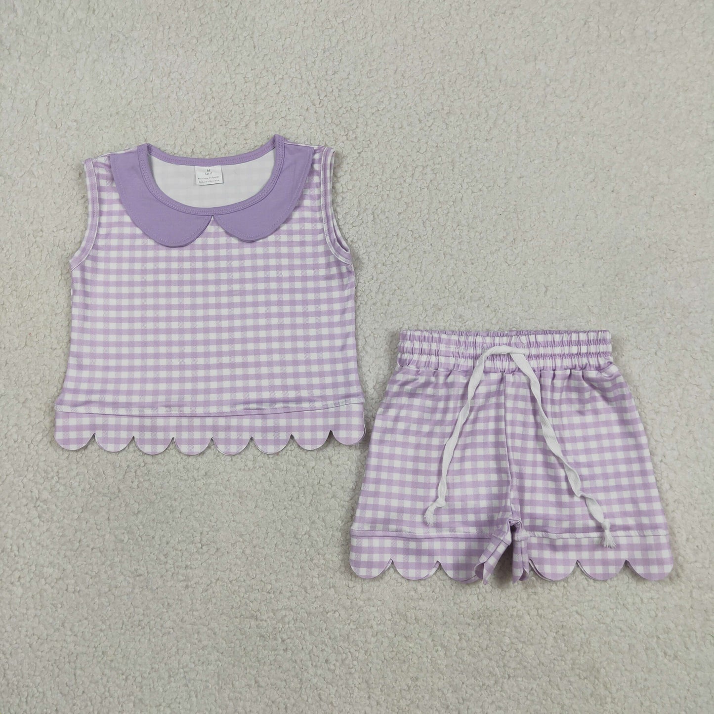 Sibling Baby Girls Kids Sleeveless Scallop Shirts Pockets Shorts Plaid Sets Clothes