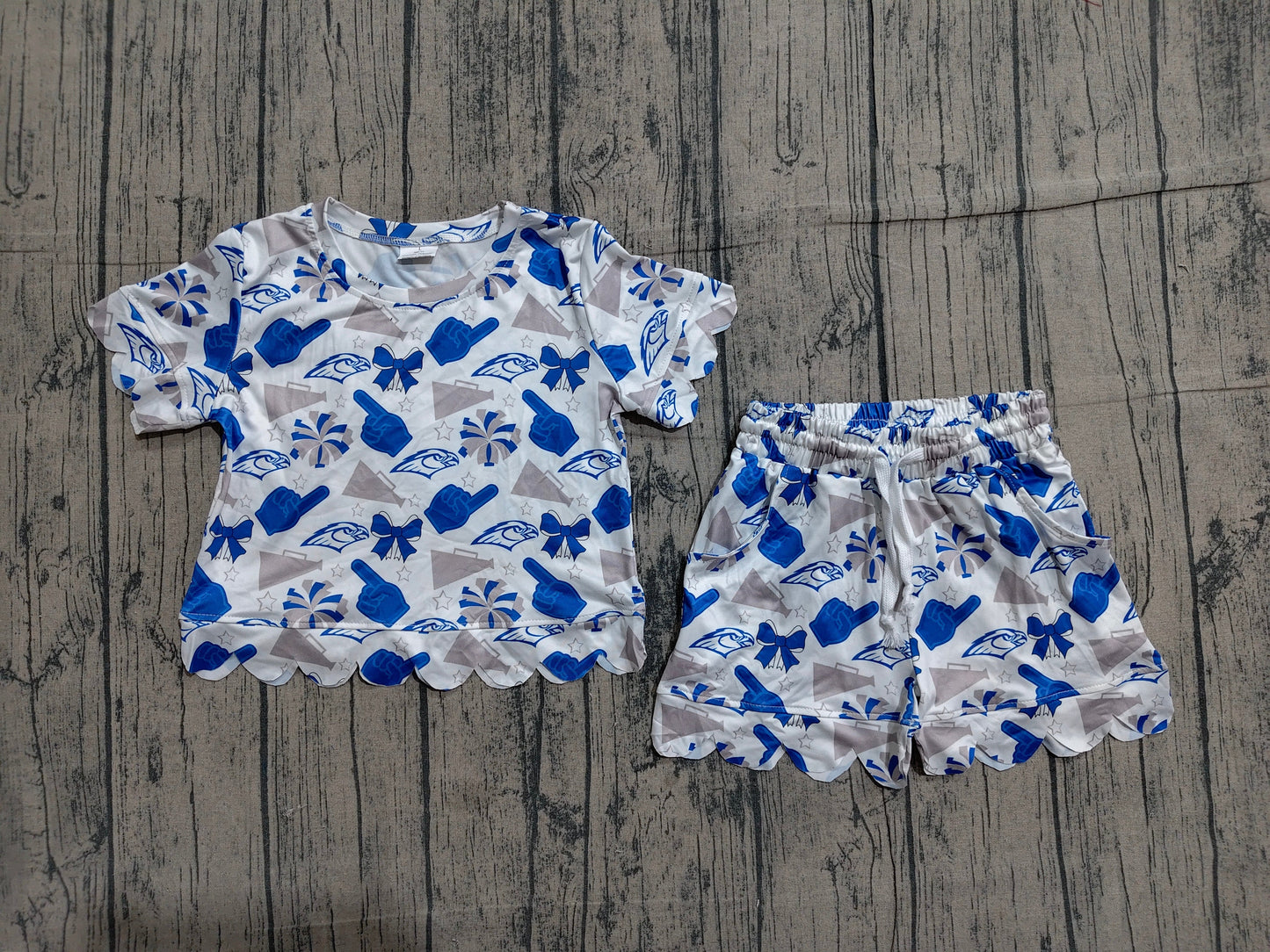 Preorder Baby Girls Kids Short Sleeves Blue Bows Cheer Shirt Scallop Shorts Team Set