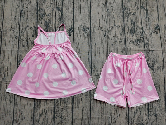 Preorder Baby Girls Kids Straps Dots Tunic Shorts Summer Pink Clothes Set