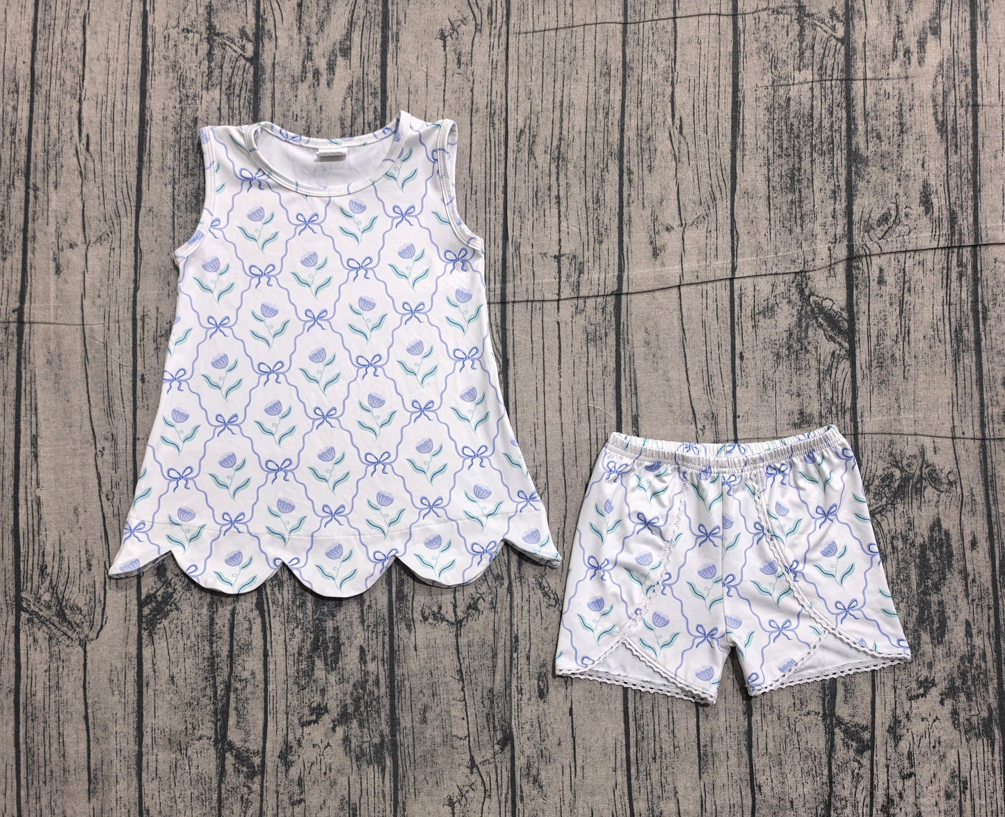 Preorder Baby Girls Kids Sleeveless Bows Flower Scallop Tops Shorts Summer Set
