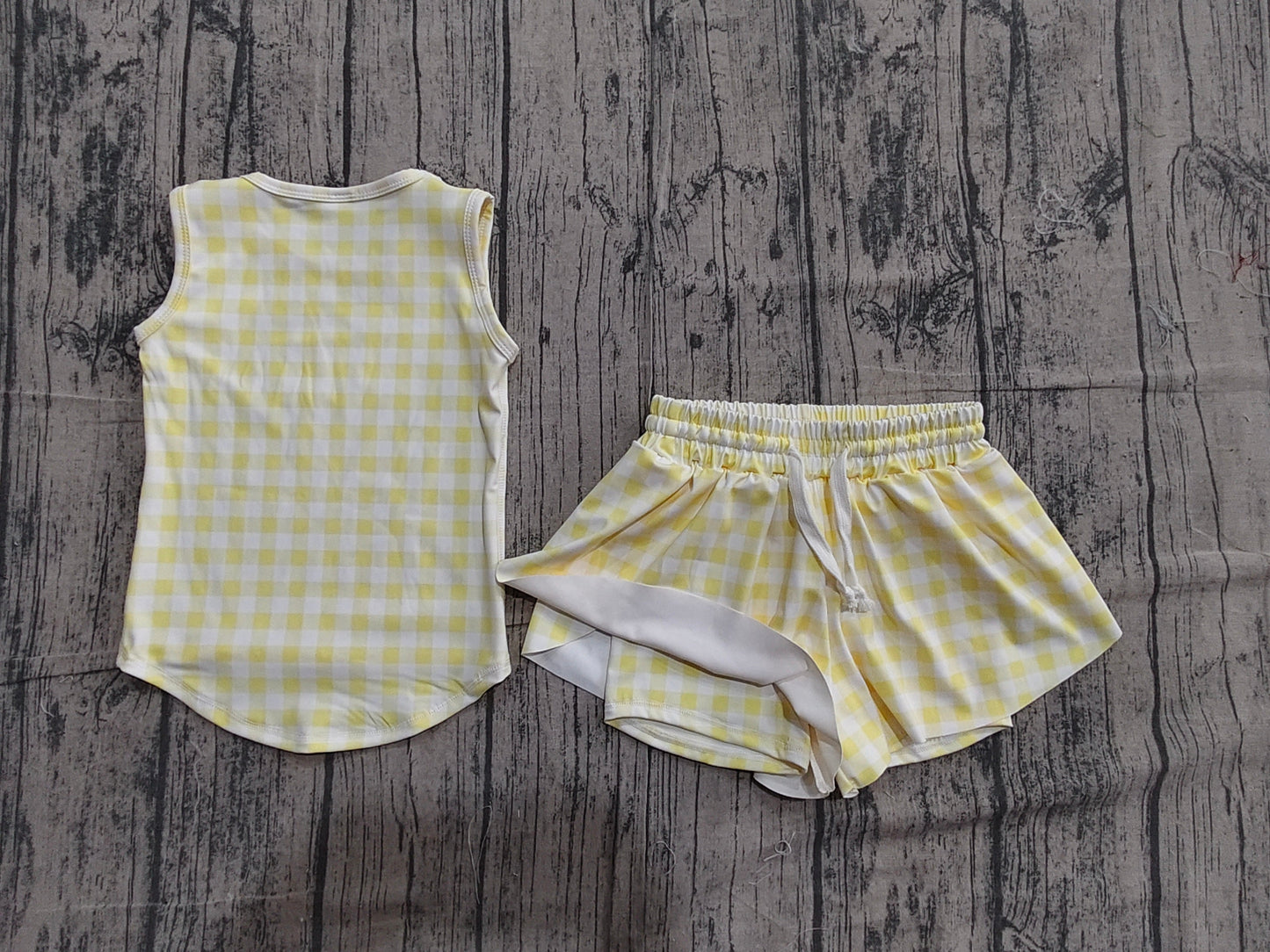 Preorder Baby Girls Kids Sleeveless Yellow Plaid Tops Shorts Set Yoga Clothes