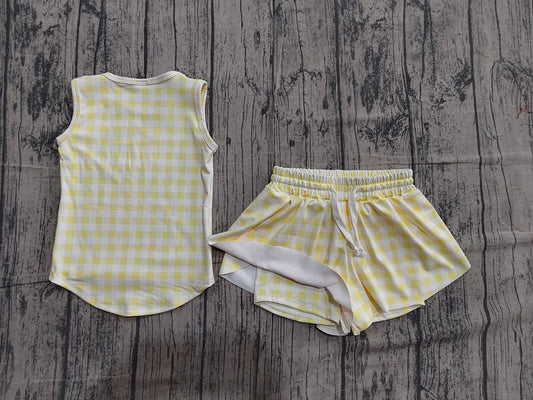 Preorder Baby Girls Kids Sleeveless Yellow Plaid Tops Shorts Set Yoga Clothes