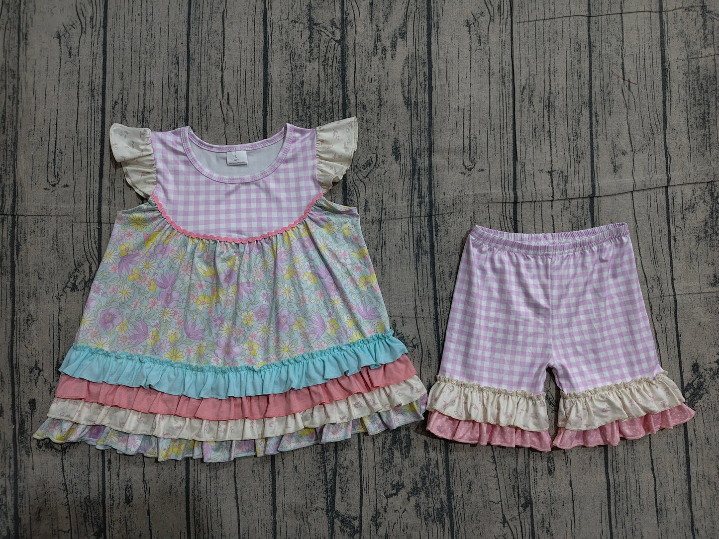 Preorder Baby Girls Kids Short Sleeves Flower Ruffle Tunic Plaid Shorts Set Clothes