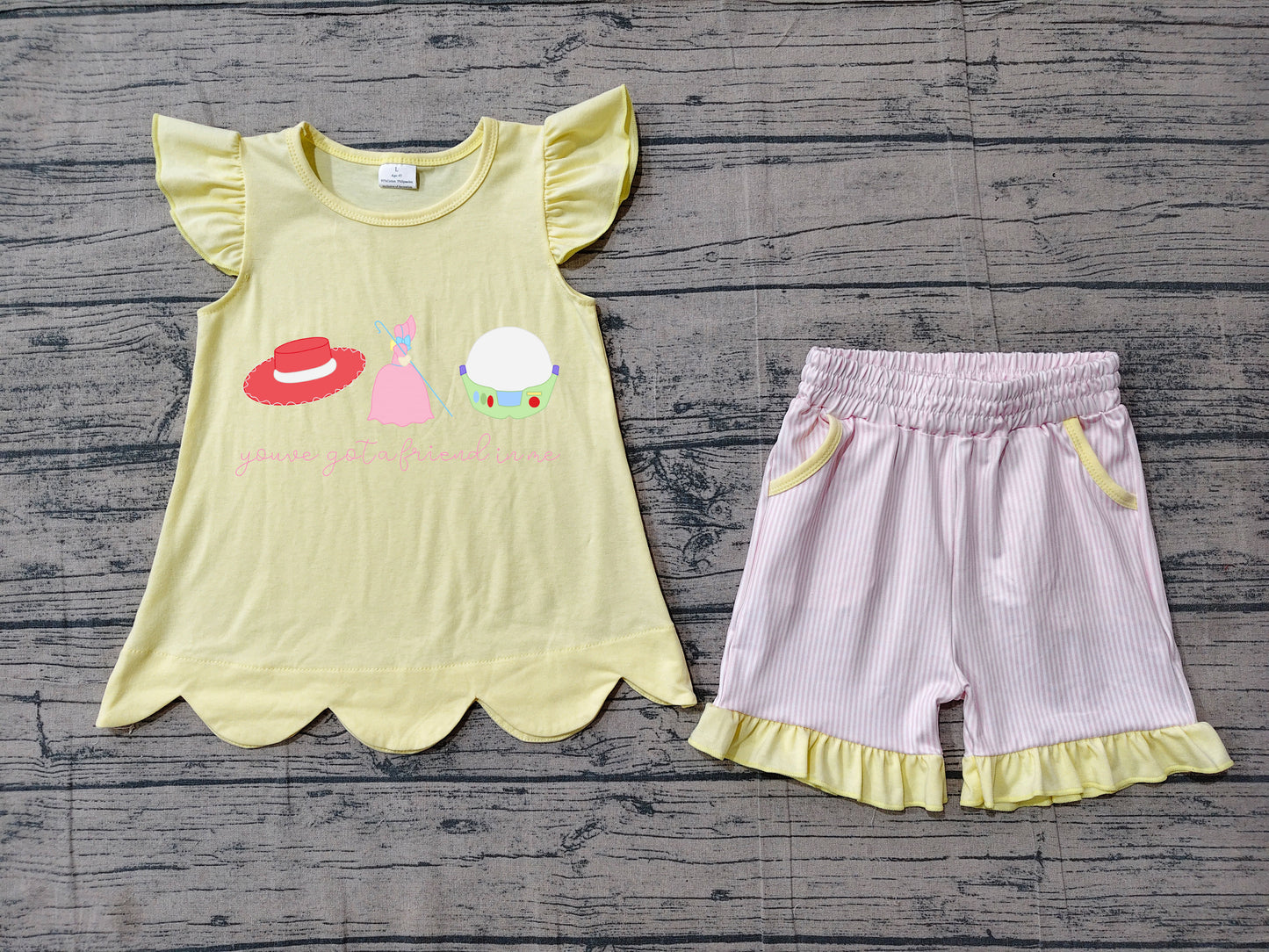 GSSO3495 Preorder Baby Girl Kids Embroidery Yellow Shirt Pockets Shorts Cartoon Set Summer Clothes