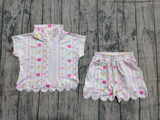 Preorder Baby Girls Pencil Flower Bows Zipper Shirt Scallop Shorts Set Back to School Clothes