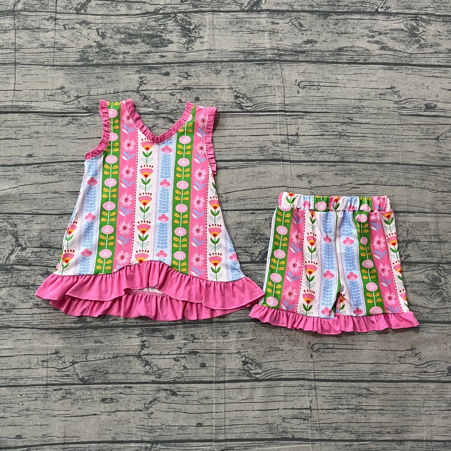 Preorder Baby Girl Kids Flower Pink Ruffle Tops Shorts Set Summer Clothes