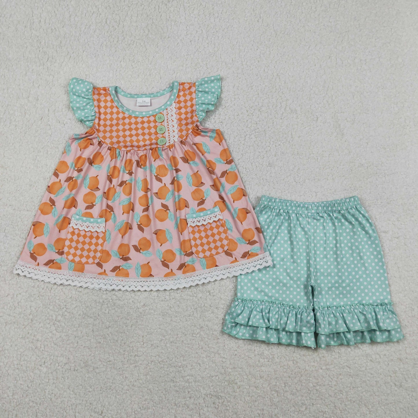 Baby Girls Kids Short Sleeves Peach Pockets Tunic Dots Ruffle Shorts Set Clothes