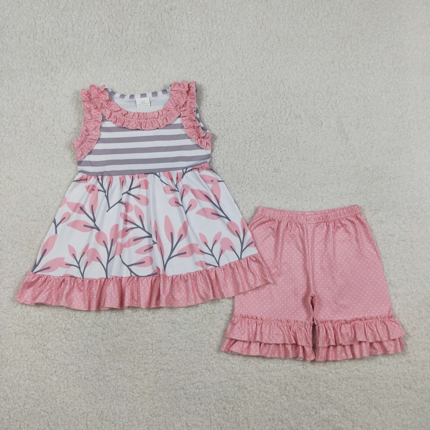 Baby Girls Kids Sleeveless Flower Stripes Tunic Dots Ruffle Shorts Set Clothes