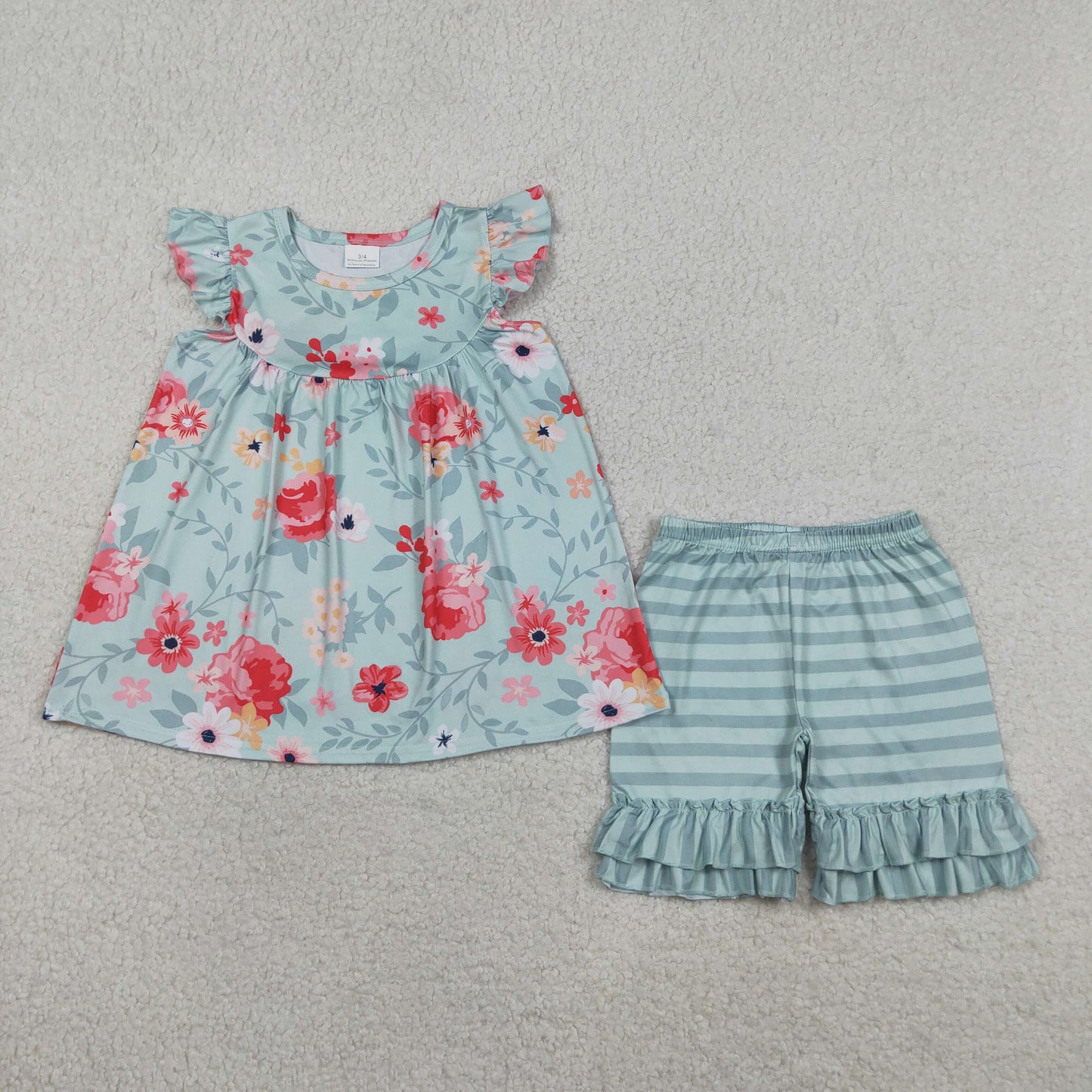 Baby Girls Toddler Short Sleeves Flower Tunic Green Stripes Ruffle Shorts Set Clothes