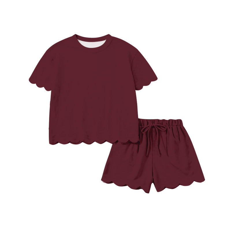 Preorder Baby Girls Kids Short Sleeves Dark Red Shirt Scallop Shorts Set Cotton Clothes ( Moq 5 )