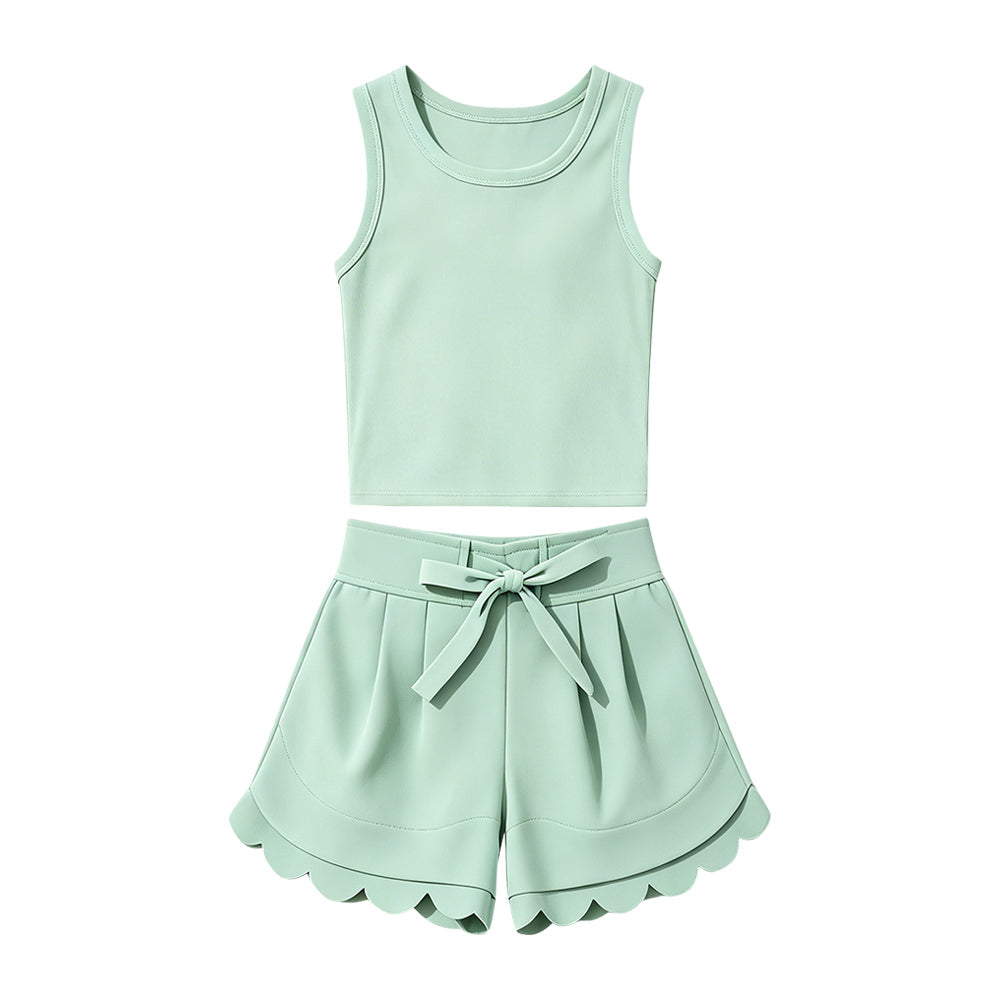 Preorder Baby Girls Kids Sleeveless Green Vest Scallop Shorts Yoga Active Set Clothes ( Moq 5 )