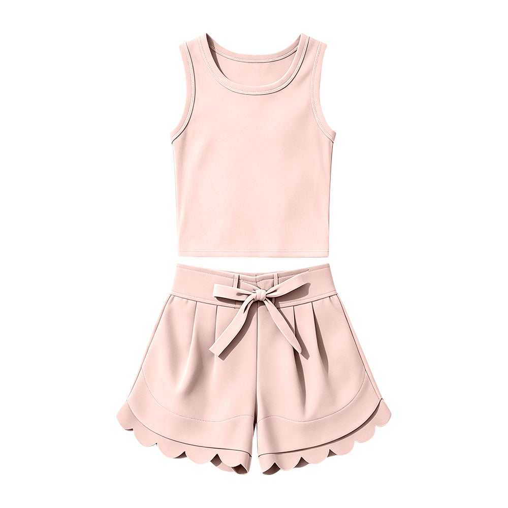 Preorder Baby Girls Kids Sleeveless Vest Scallop Shorts Yoga Active Set Clothes ( Moq 5 )