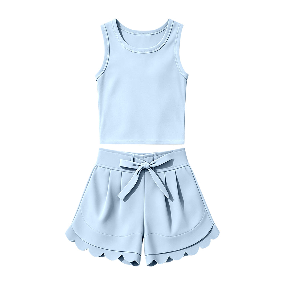 Preorder Baby Girls Kids Sleeveless Light Blue Vest Scallop Shorts Yoga Active Set Clothes ( Moq 5 )