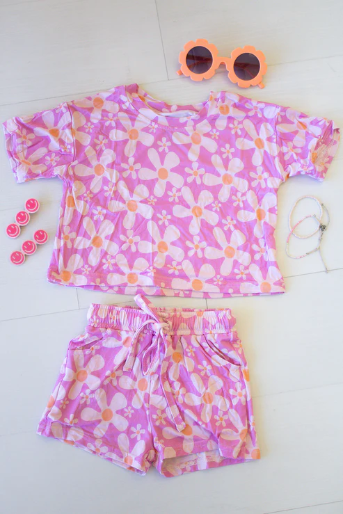 Preorder Baby Girls Short Sleeves Flower Tops Pockets Shorts Set Clothes ( Moq 5 )