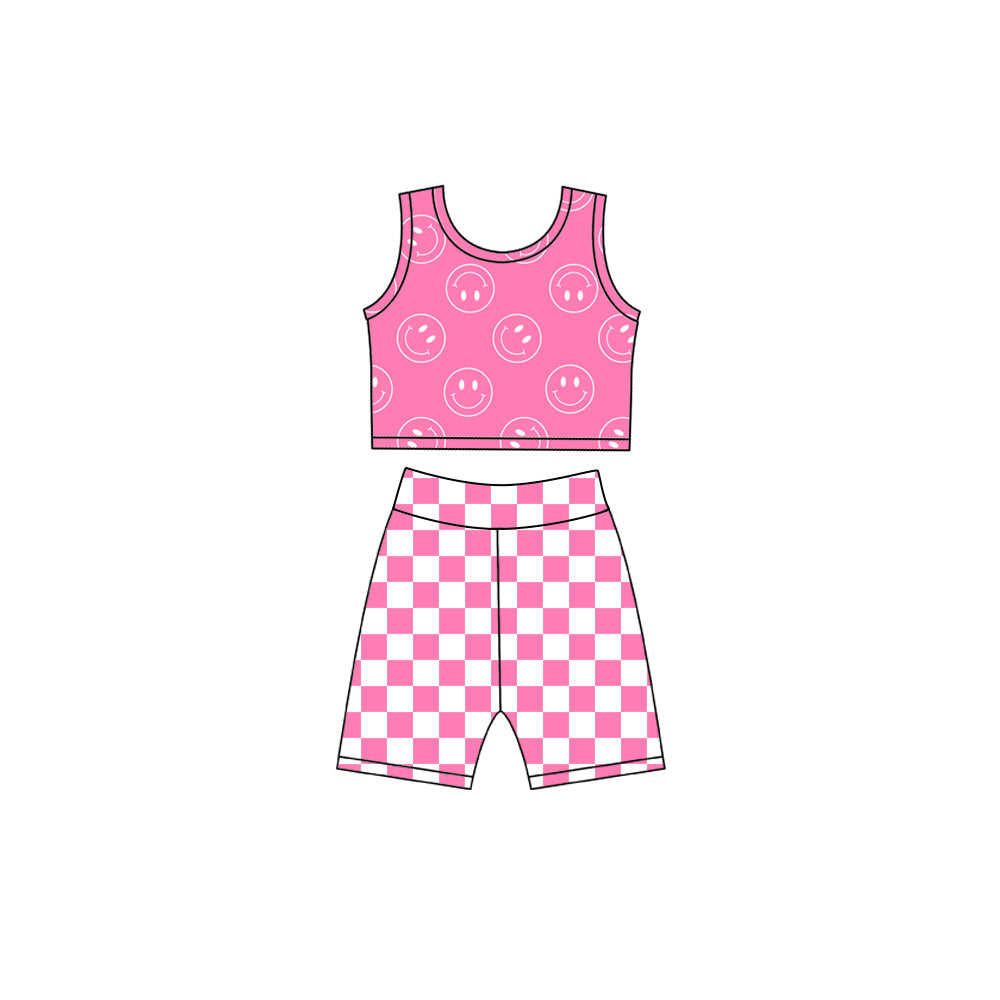 Preorder Baby Girls Kids Smile Tops Pink Checked Shorts Yoga Active Set Clothes ( Moq 5 )