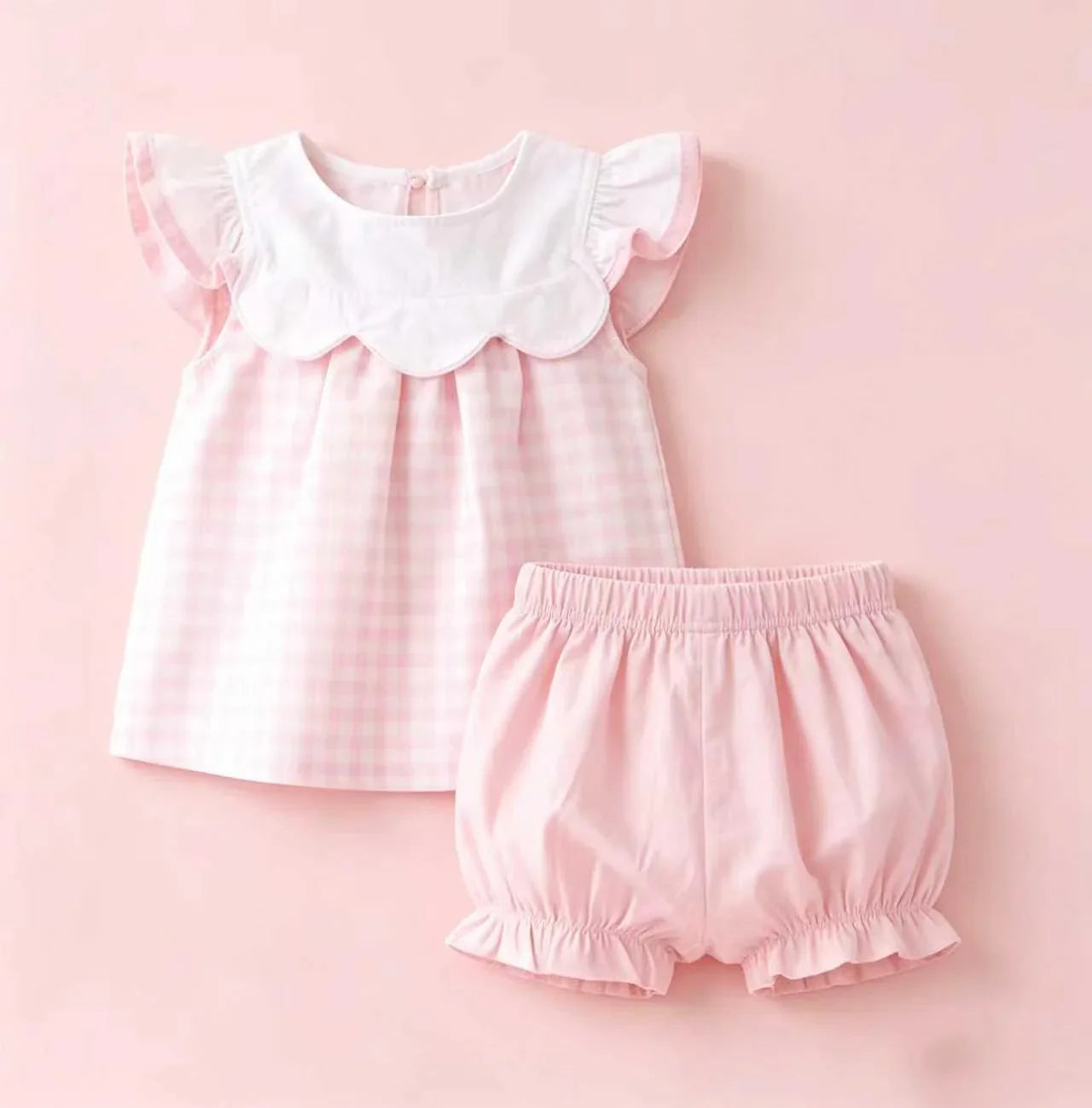 Preorder Baby Girls Short Sleeves Scallop Pink Plaid Tops Shorts Set Clothes ( Moq 5 )