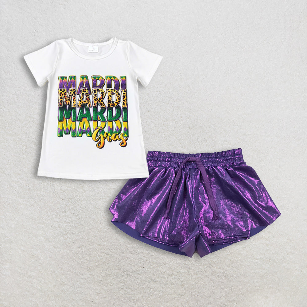 Baby Girls White Short Sleeves Mardi Gras Shirt Leather Ruffle Shorts Set