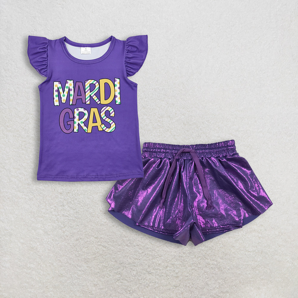 Baby Girls Purple Short Sleeves Mardi Gras Shirt Leather Ruffle Shorts Set