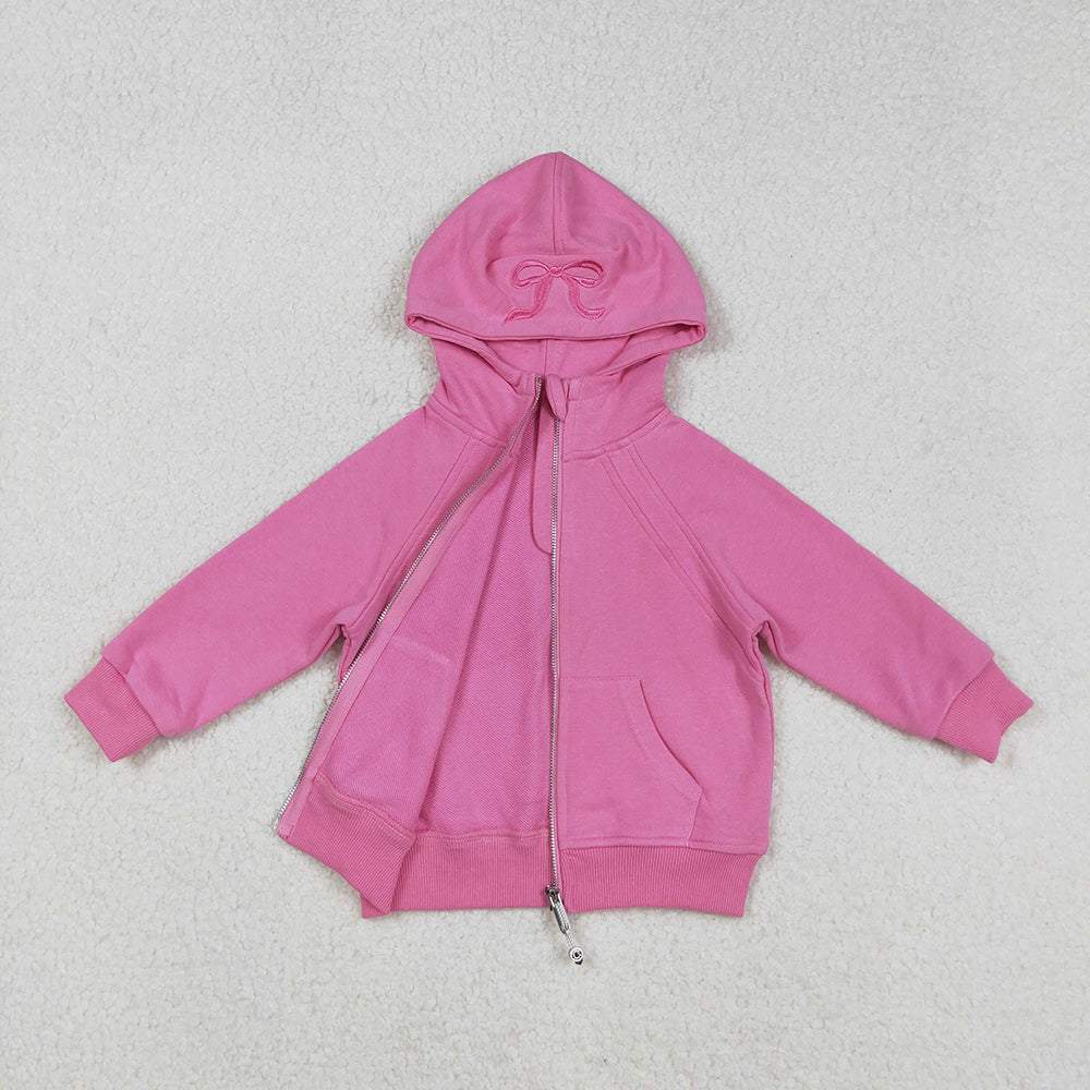 USA Shop Baby Girls Pink Long Sleeves Embroidery Bows Zipper Pockets Hoodie Jacket Tops