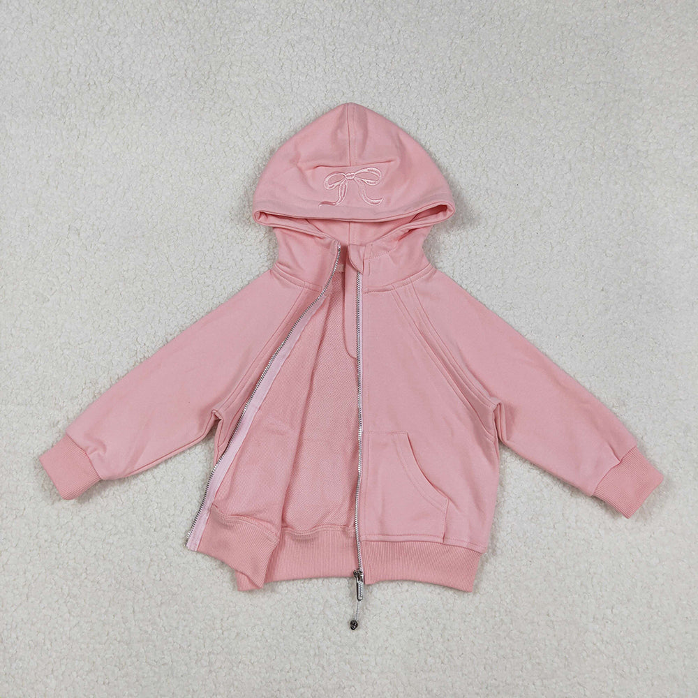 USA Shop Baby Girls Long Sleeves Embroidery Bows Zipper Pockets Hoodie Pink Jacket Tops