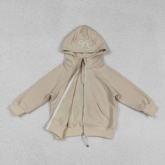 USA Shop Baby Girls Long Sleeves Embroidery Bows Zipper Pockets Hoodie Khaki Jacket Tops