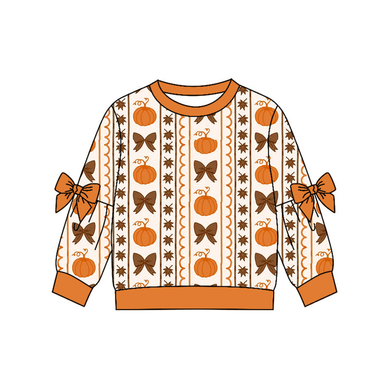 Preorder Baby Girls Kids Long Sleeves Orange Bows Pumpkins Shirt Fall Tops Clothes ( Moq 5 )