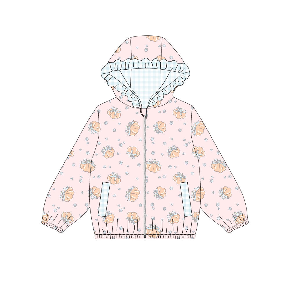 Preorder Baby Girls Kids Long Sleeves Pockets Plaid Hoodie Zipper Pumpkins Tops Fall Clothes ( Moq 5 )