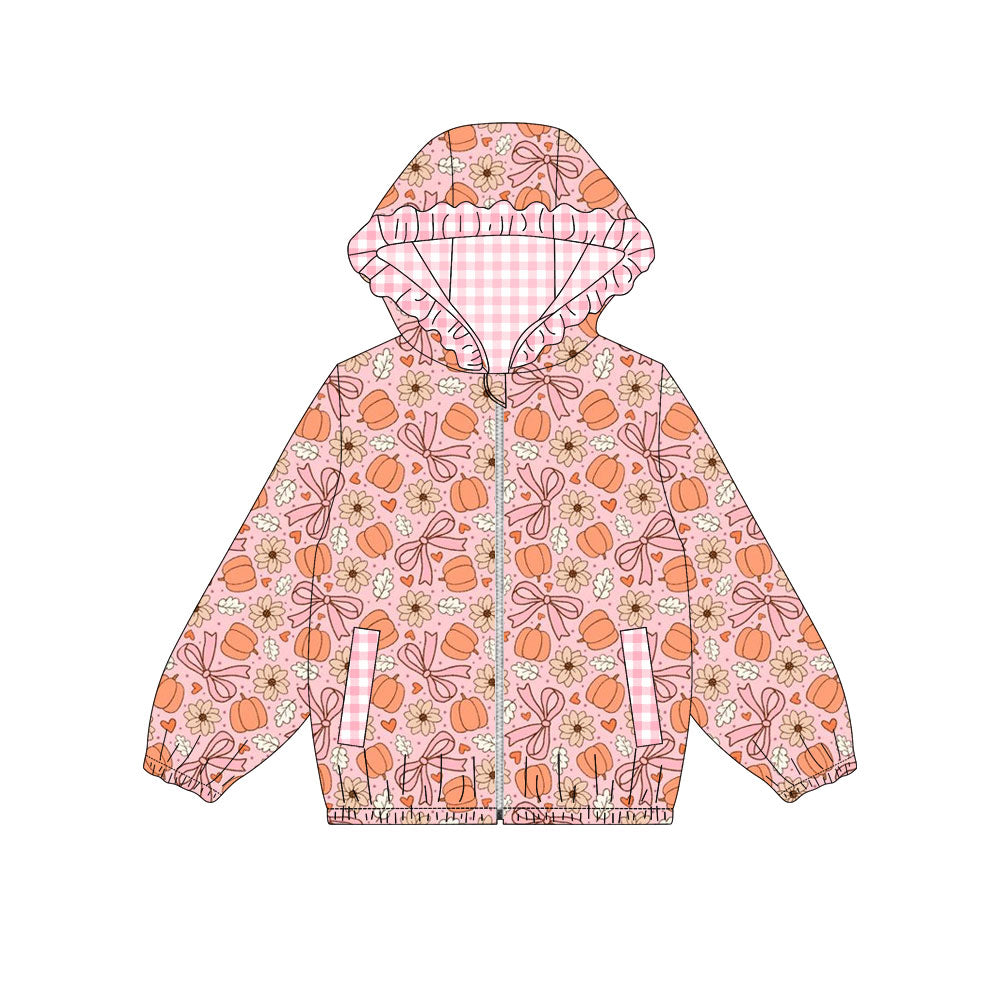 Preorder Baby Girls Kids Long Sleeve Pumpkins Bows Flower Pockets Hoodie Zipper Tops Fall Clothes ( Moq 5 )