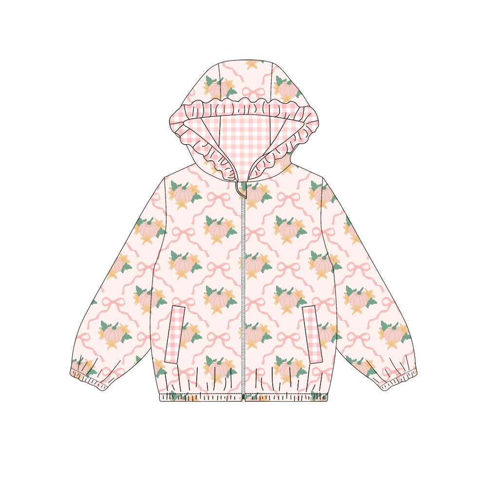Preorder Baby Girls Kids Long Sleeve Pumpkins Bows Pockets Hoodie Zipper Tops Fall Clothes ( Moq 5 )