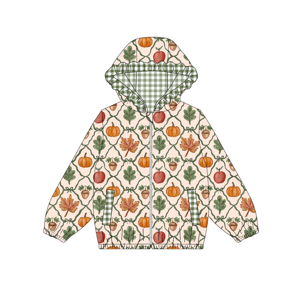 Preorder Baby Girls Kids Long Sleeve Leaves Pumpkins Pockets Hoodie Zipper Tops Fall Clothes ( Moq 5 )