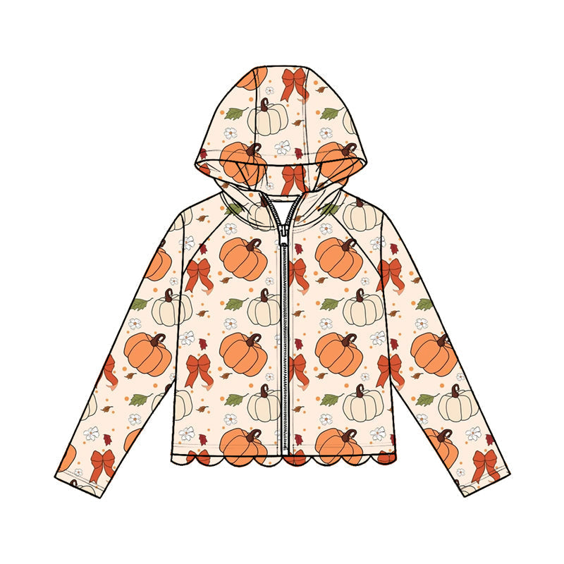 Preorder Baby Girls Kids Long Sleeves Pumpkins Bows Zipper Hoodie Scallop Tops Fall Clothes ( Moq 5 )