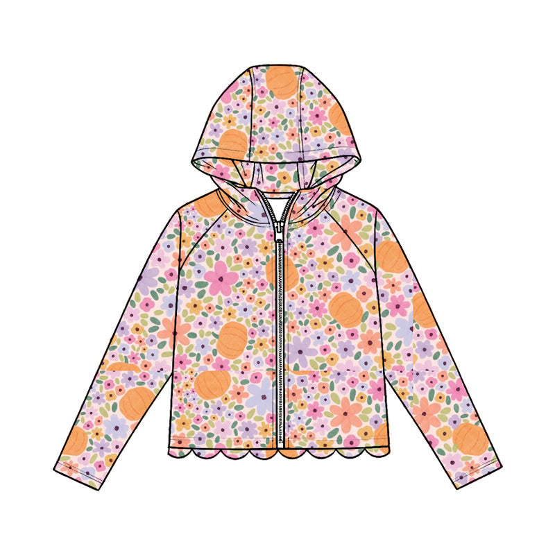 Preorder Baby Girls Kids Long Sleeves Pumpkins Flower Zipper Hoodie Scallop Tops Fall Clothes ( Moq 5 )