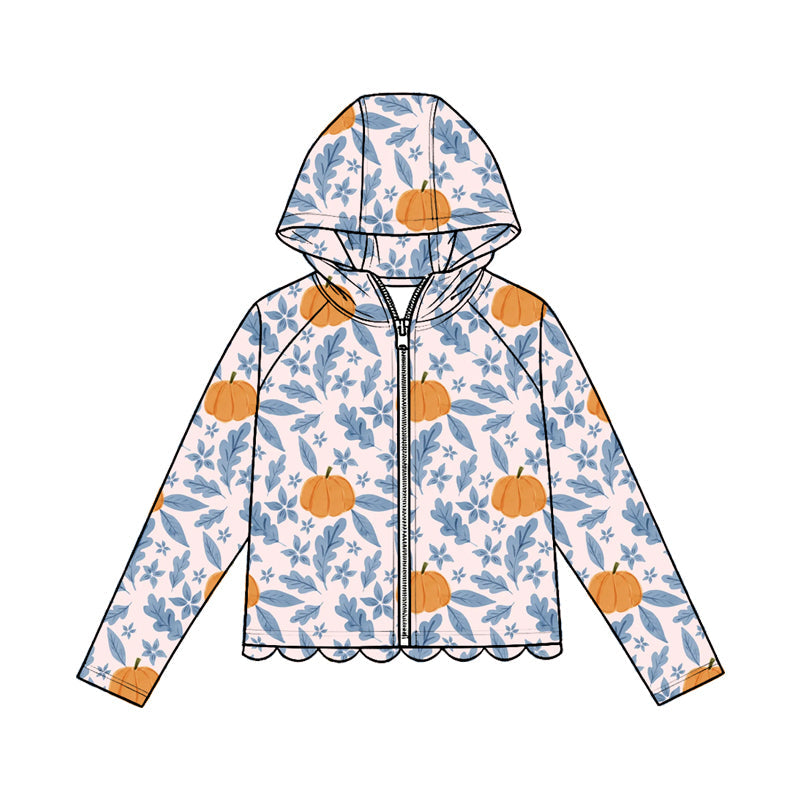 Preorder Baby Girls Kids Long Sleeves Pumpkins Zipper Hoodie Scallop Tops Fall Clothes ( Moq 5 )