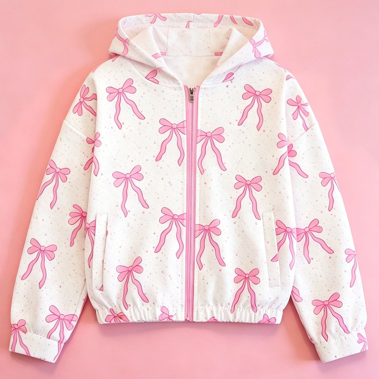 Preorder Baby Girls Kids Long Sleeves Pink Bows Pockets Zipper Hoodie Yoga Active Tops ( Moq 5 )