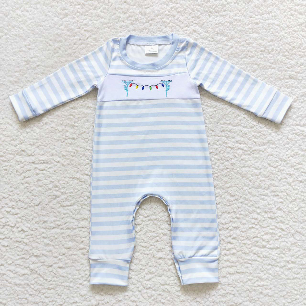 USA Shop Baby Boys Infant Long Sleeves Embroidery Christmas Lights Blue Stripes Romper