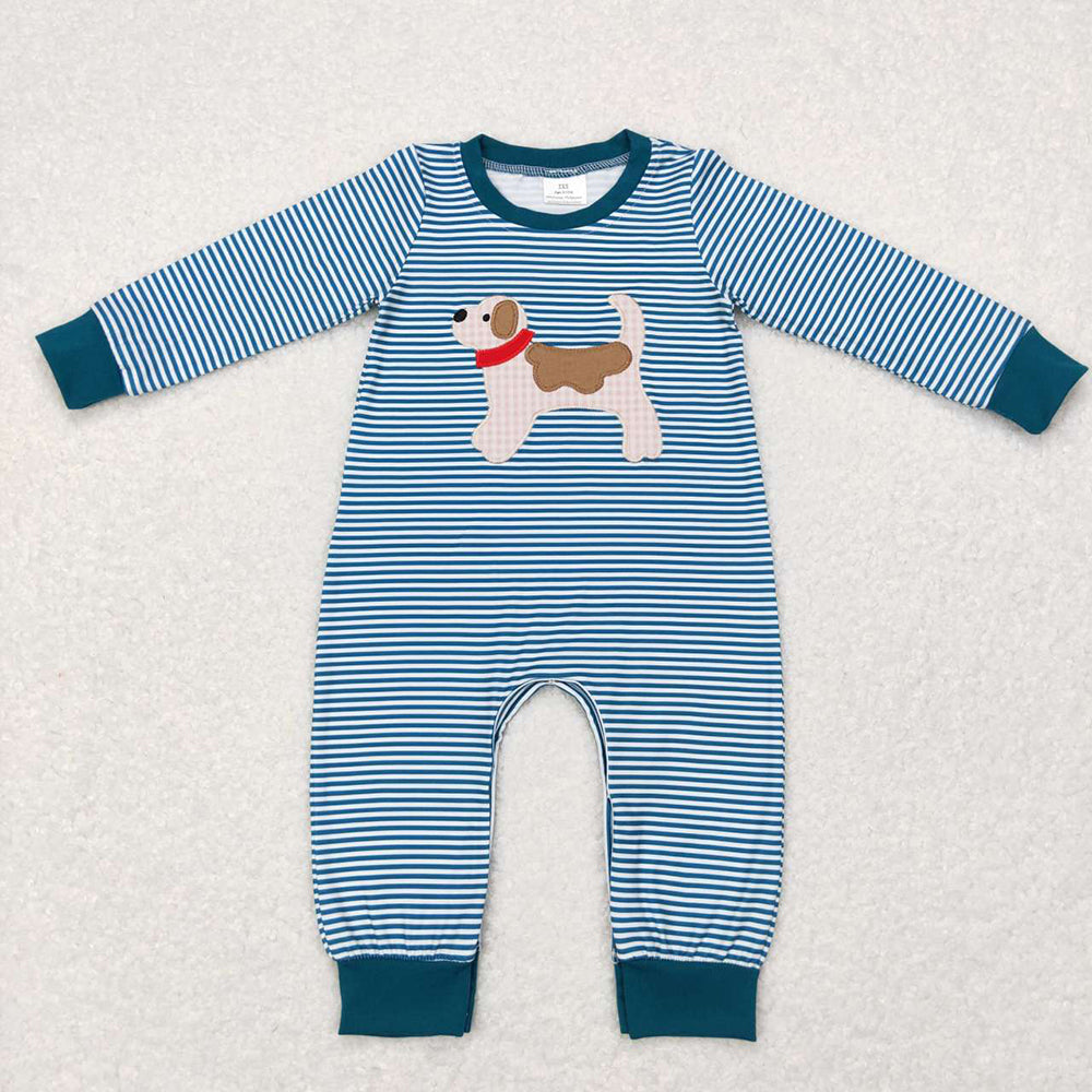 USA Shop Baby Boys Infants Long Sleeves Embroidery Dog Stripes Romper