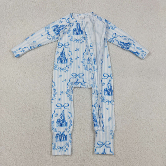 USA Shop Baby Girls Long Sleeves Bows Castles Blue Stripes Zipper Footie Sleeper Romper