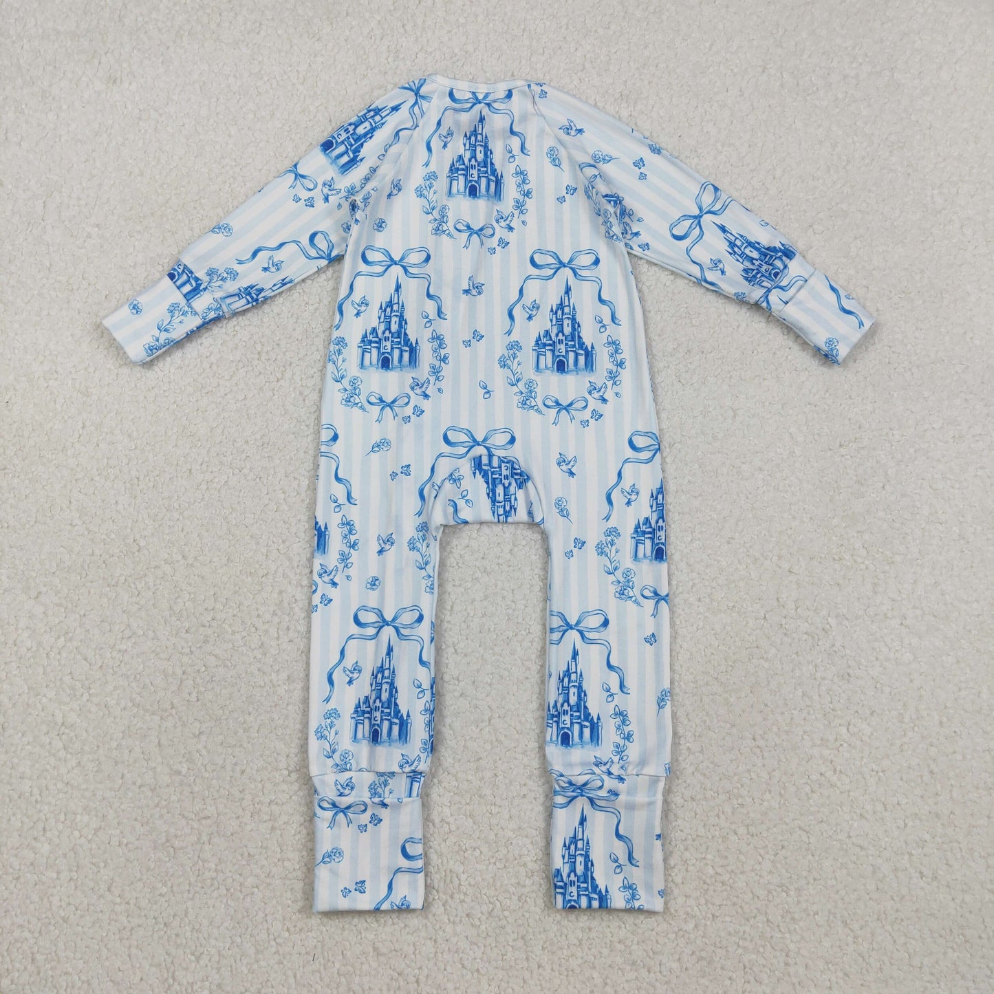 USA Shop Baby Girls Long Sleeves Bows Castles Blue Stripes Zipper Footie Sleeper Romper