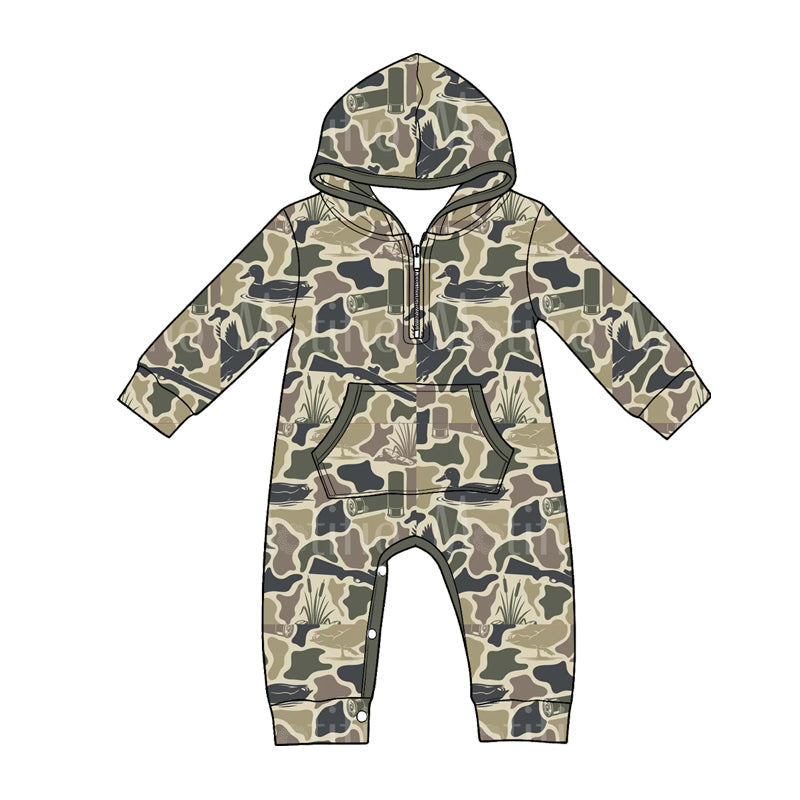 Preorder Baby Boys Infant Long Sleeves Ducks Damo Hoodie Zipper Pockets Hunting Romper ( Moq 5 )
