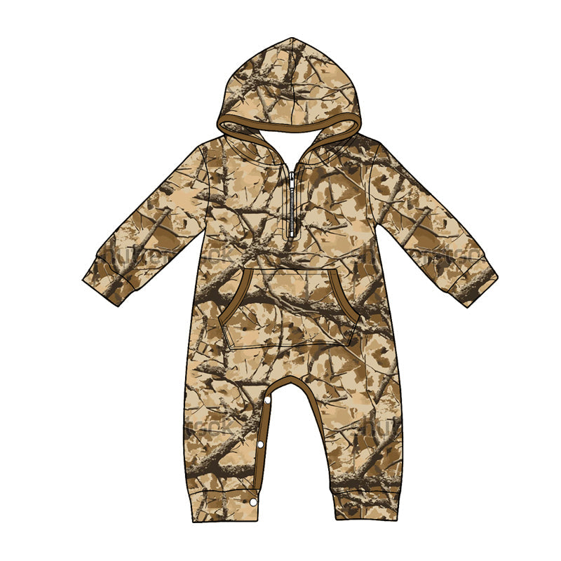Preorder Baby Boys Infant Long Sleeves Leaves Hoodie Zipper Pockets Brown Romper ( Moq 5 )