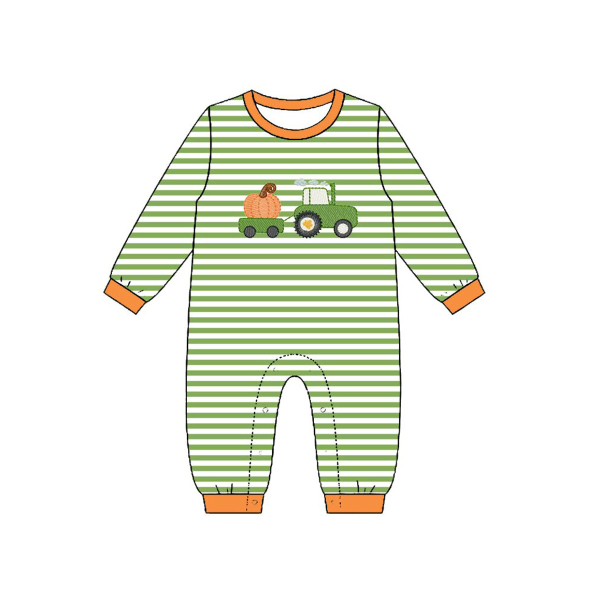 Preorder Baby Boys Kids Long Sleeves Pumpkin Tractor Green Stripes Fall Romper Clothes ( Moq 5 )