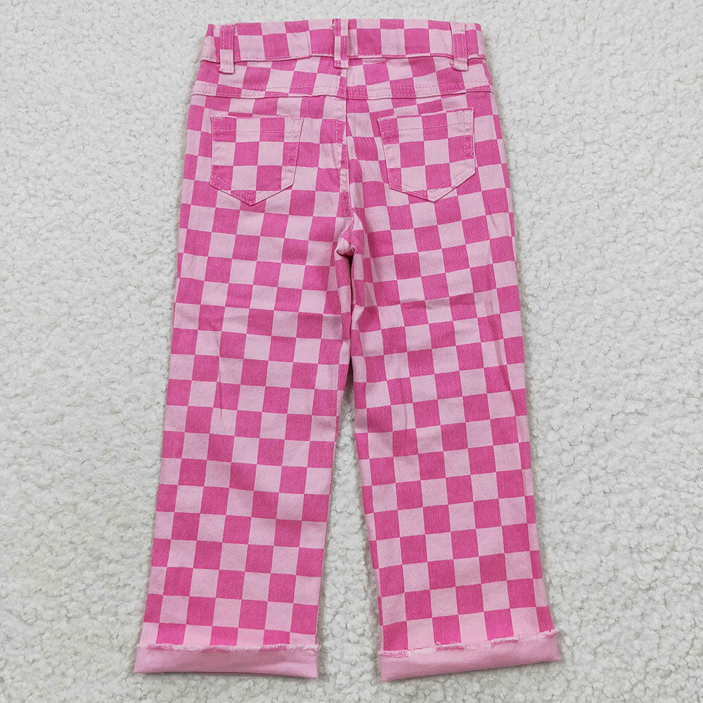 USA Shop Baby Girls Kids Pink Checked Denim Pants Clothes
