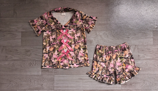 Baby Girls Kids Pink Bows Buttons Shirt Leaves Ruffle Shorts Hunting Pajamas Set