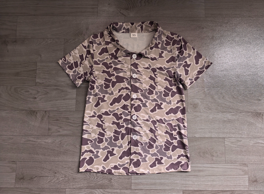 Adult Men Short Sleeves Dark Grey Camo Buttons Cardigan Shirt Tops