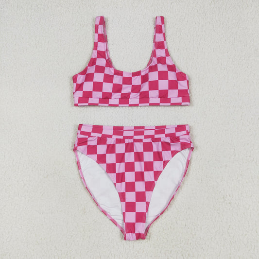 RTS Adult Women Sleeveless Checked Tops Shorts Sibling Summer Swimsuit Sets