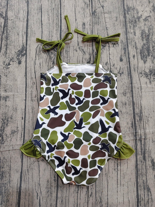 Preorder Baby Girls Kids Stripes Ducks Camo Green Ruffle One-piece Swimsuit Summer Clothes